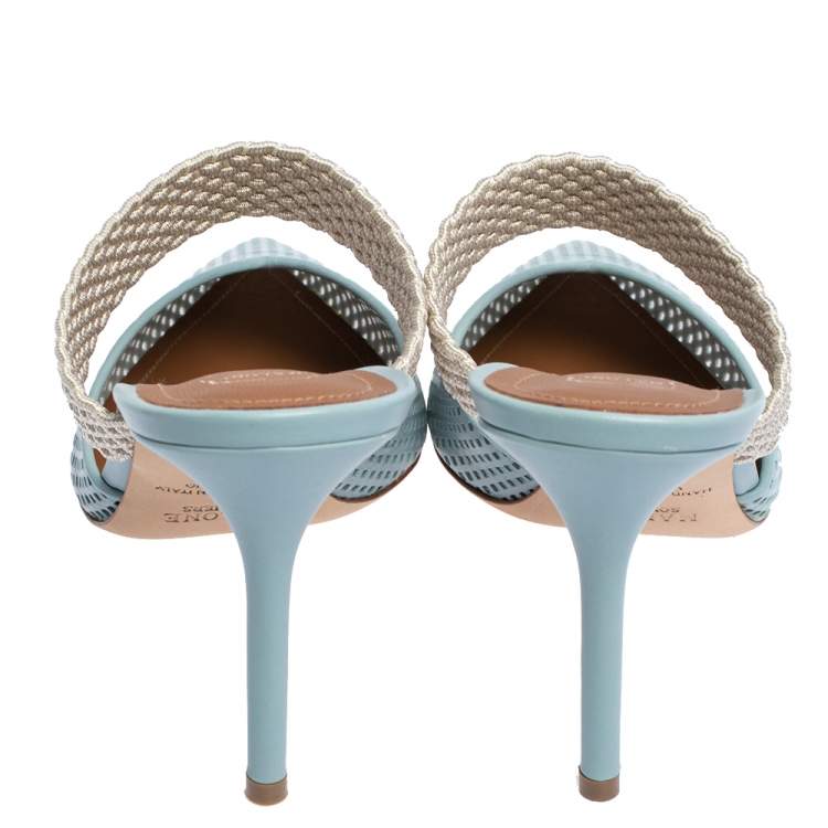 Pre Owned Malone Souliers Blue Perforated Leather and Canvas Maisie Pointed Toe Mules Size 40