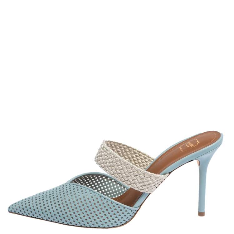 Pre Owned Malone Souliers Blue Perforated Leather and Canvas Maisie Pointed Toe Mules Size 40
