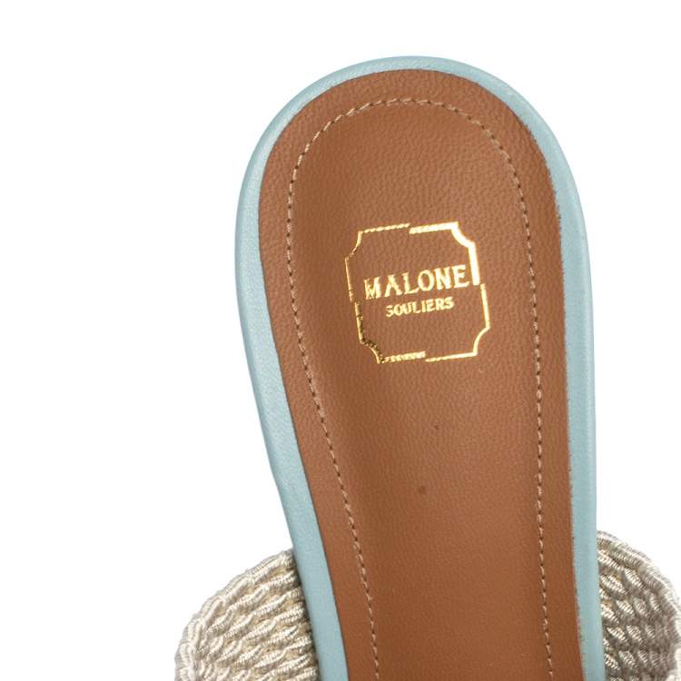Pre Owned Malone Souliers Blue Perforated Leather and Canvas Maisie Pointed Toe Mules Size 40