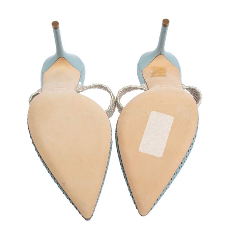 Pre Owned Malone Souliers Blue Perforated Leather and Canvas Maisie Pointed Toe Mules Size 40