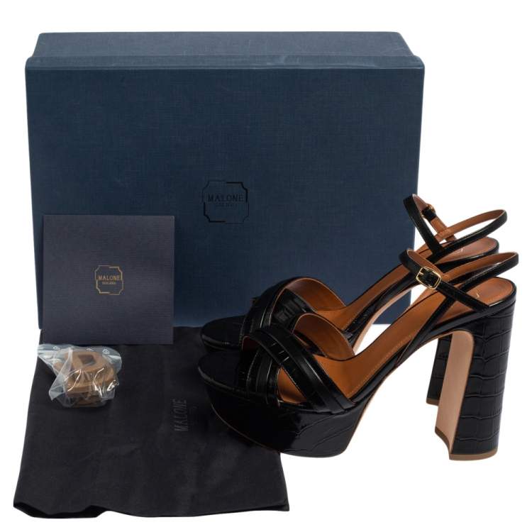 Pre Owned Malone Souliers Black Croc Embossed Leather Mila Platform Sandals Size 39