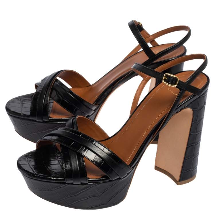 Pre Owned Malone Souliers Black Croc Embossed Leather Mila Platform Sandals Size 39