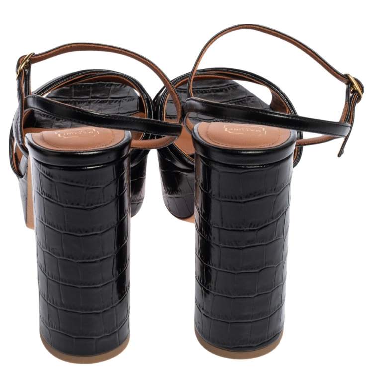 Pre Owned Malone Souliers Black Croc Embossed Leather Mila Platform Sandals Size 39