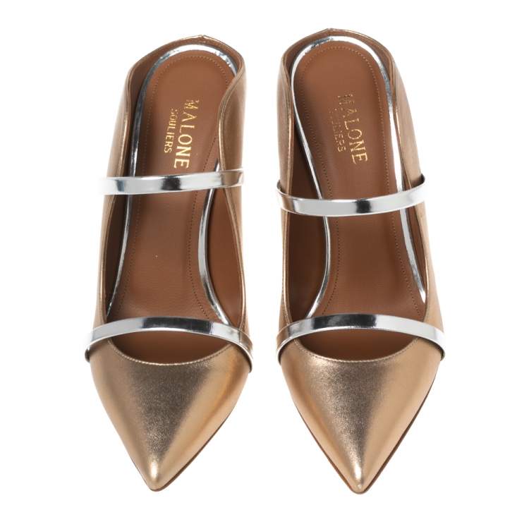 Pre Owned Malone Souliers Copper/Silver Leather and Patent Maureen Mule Sandals Size 37