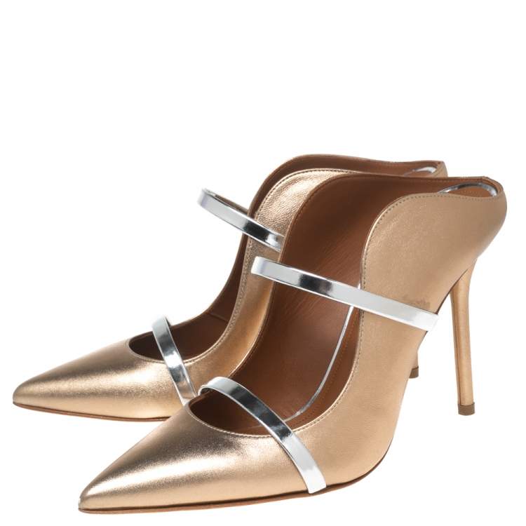 Pre Owned Malone Souliers Copper/Silver Leather and Patent Maureen Mule Sandals Size 37