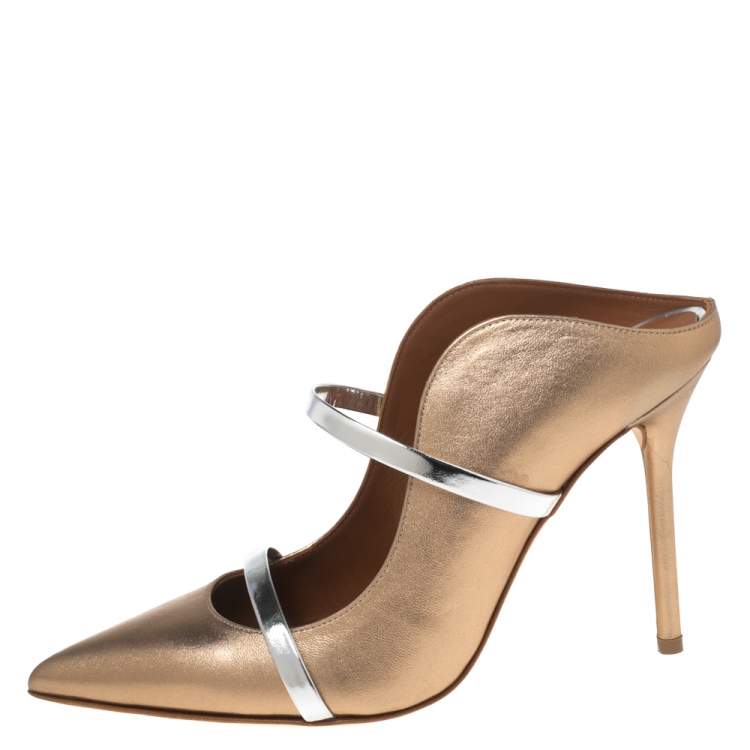 Pre Owned Malone Souliers Copper/Silver Leather and Patent Maureen Mule Sandals Size 37