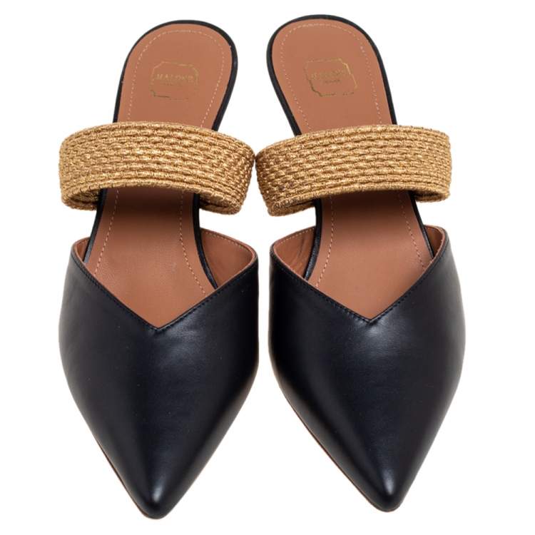 Pre Owned Malone Souliers Black/Gold Leather and Stretch Band Maisie Mules Size 38