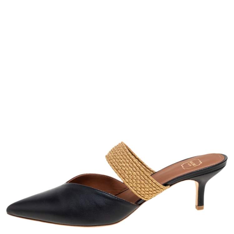 Pre Owned Malone Souliers Black/Gold Leather and Stretch Band Maisie Mules Size 38