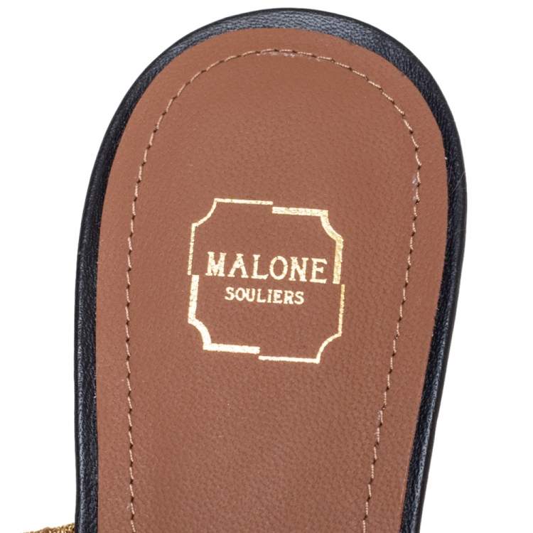 Pre Owned Malone Souliers Black/Gold Leather and Stretch Band Maisie Mules Size 38