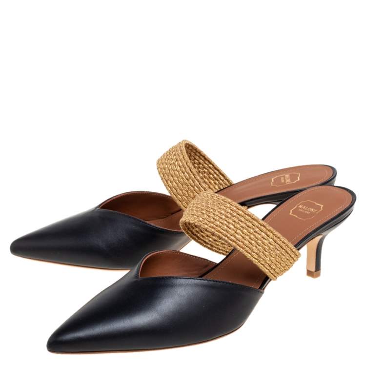 Pre Owned Malone Souliers Black/Gold Leather and Stretch Band Maisie Mules Size 38