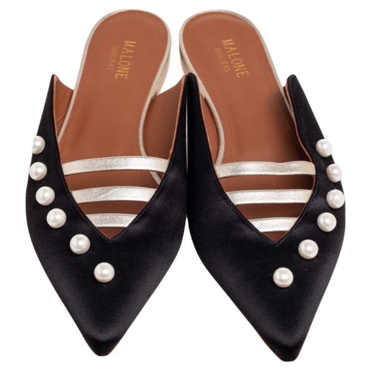 Pre Owned Malone Souliers Black/Dull Gold Satin and Leather Zelda Flat Mules Size 40