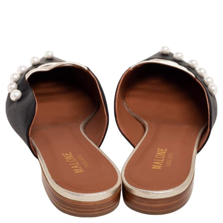 Pre Owned Malone Souliers Black/Dull Gold Satin and Leather Zelda Flat Mules Size 40