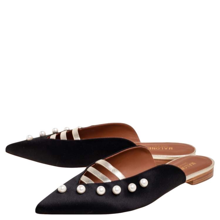Pre Owned Malone Souliers Black/Dull Gold Satin and Leather Zelda Flat Mules Size 40