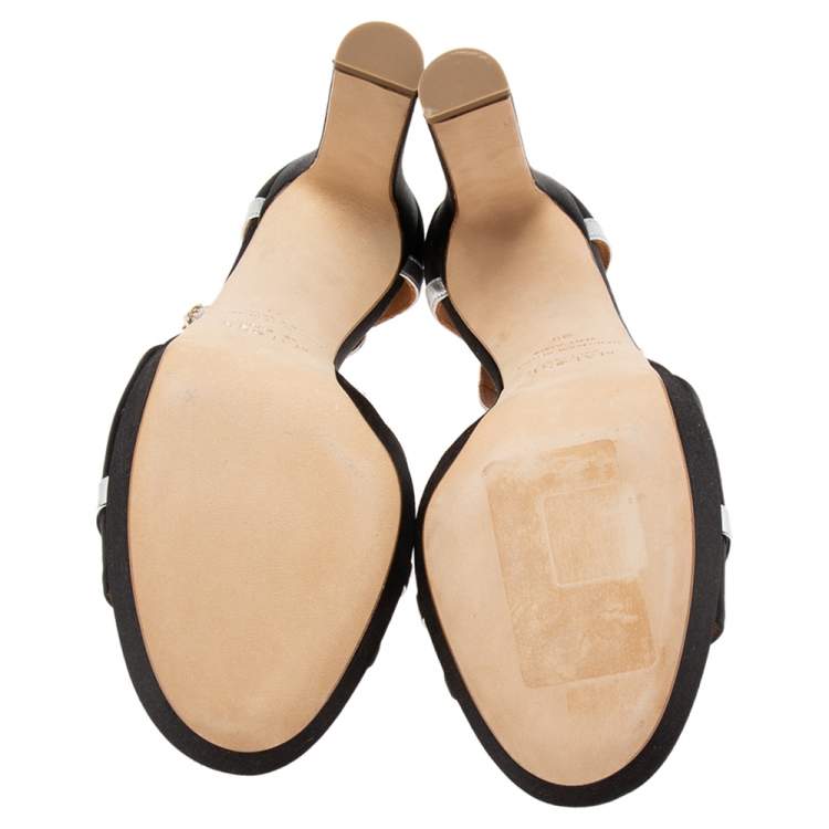 Pre Owned Malone Souliers Black/Silver Satin and Leather Miranda Ankle-Strap Sandals Size 39