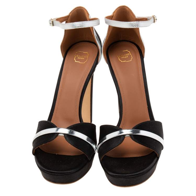 Pre Owned Malone Souliers Black/Silver Satin and Leather Miranda Ankle-Strap Sandals Size 39
