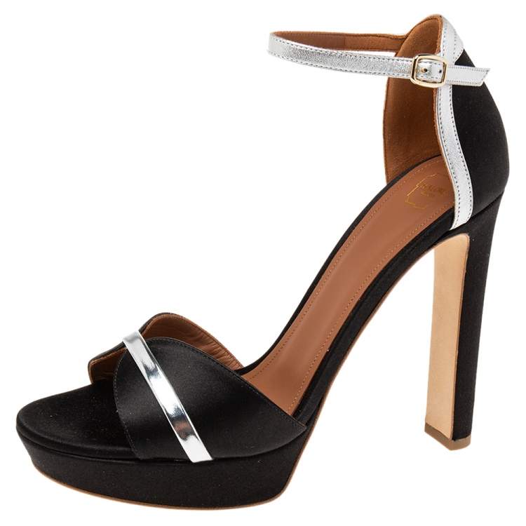 Pre Owned Malone Souliers Black/Silver Satin and Leather Miranda Ankle-Strap Sandals Size 39