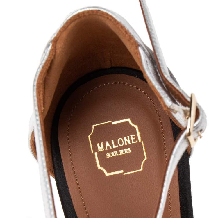 Pre Owned Malone Souliers Black/Silver Satin and Leather Miranda Ankle-Strap Sandals Size 39