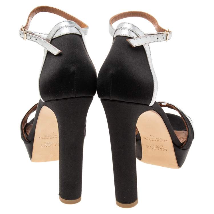 Pre Owned Malone Souliers Black/Silver Satin and Leather Miranda Ankle-Strap Sandals Size 39