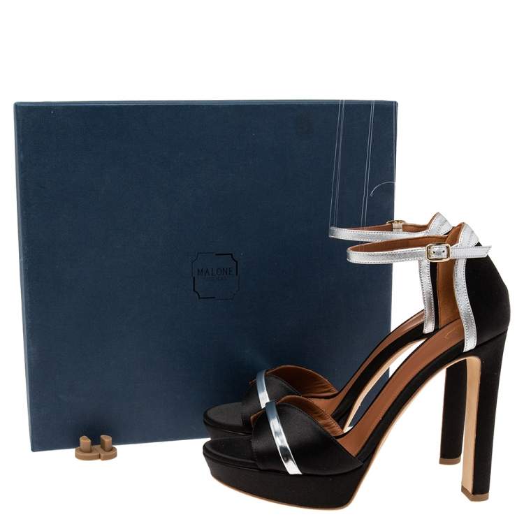 Pre Owned Malone Souliers Black/Silver Satin and Leather Miranda Ankle-Strap Sandals Size 39