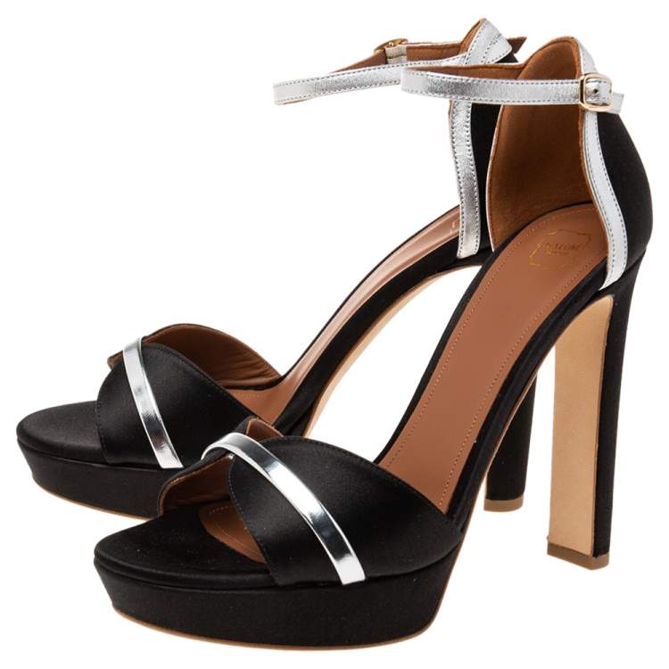 Pre Owned Malone Souliers Black/Silver Satin and Leather Miranda Ankle-Strap Sandals Size 39