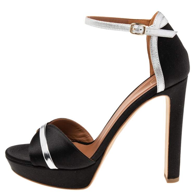 Pre Owned Malone Souliers Black/Silver Satin and Leather Miranda Ankle-Strap Sandals Size 39