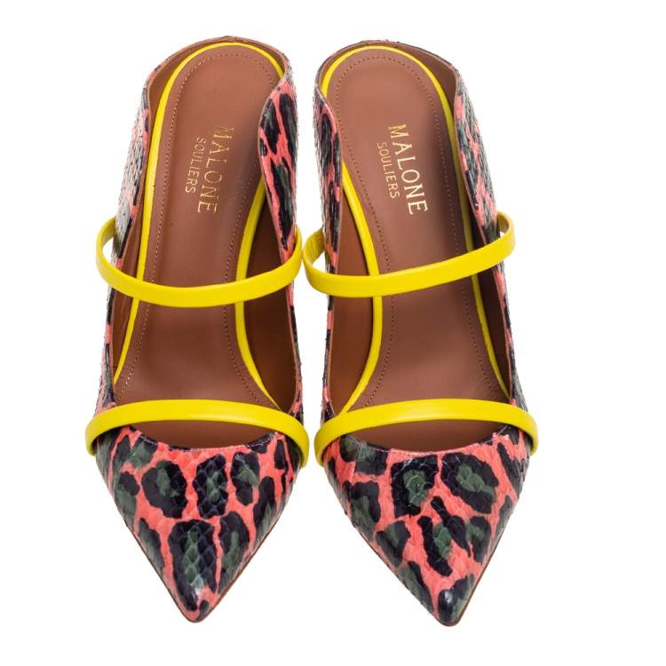 Pre Owned Malone Souliers Multicolor Leopard Print Python And Leather Maureen Mules Size 37