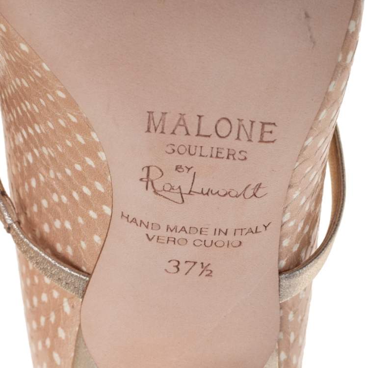 Pre Owned Malone Souliers Gold/Beige Snakeskin Embossed Leather Maureen Mule Sandals Size 37.5