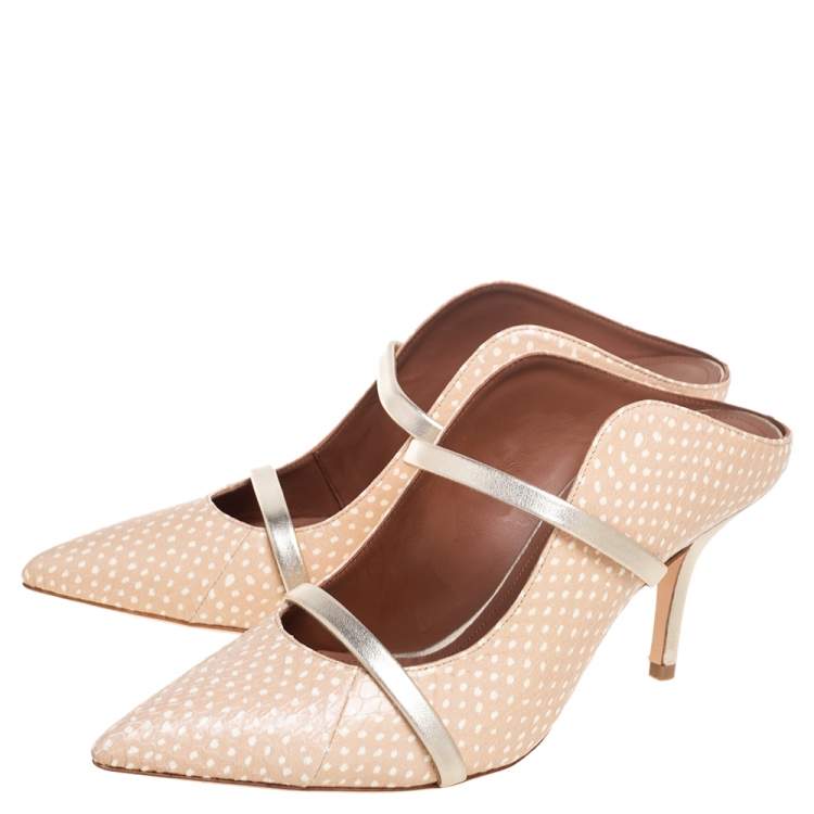 Pre Owned Malone Souliers Gold/Beige Snakeskin Embossed Leather Maureen Mule Sandals Size 37.5