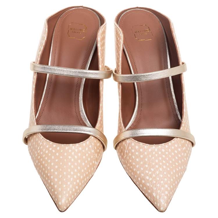 Pre Owned Malone Souliers Gold/Beige Snakeskin Embossed Leather Maureen Mule Sandals Size 37.5
