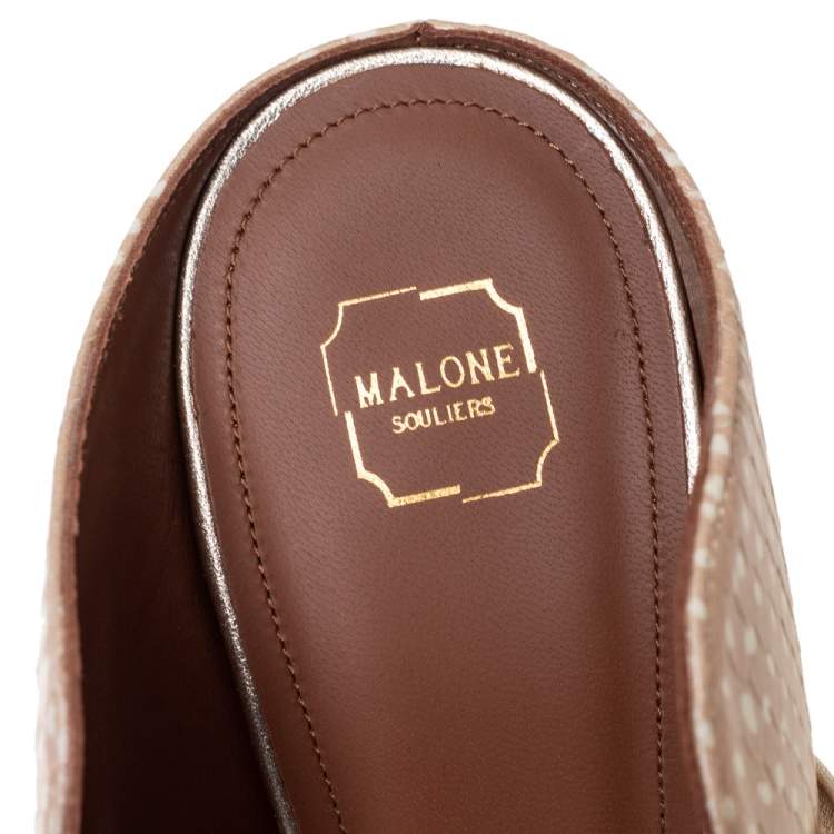Pre Owned Malone Souliers Gold/Beige Snakeskin Embossed Leather Maureen Mule Sandals Size 37.5