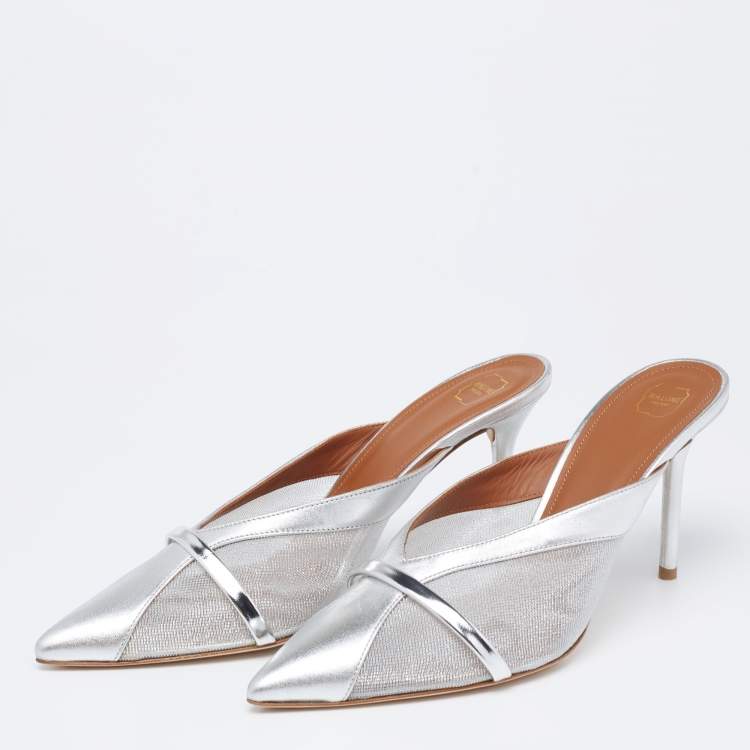 Pre Owned Malone Souliers Silver Mesh and Leather Bobbi Mules Size 39