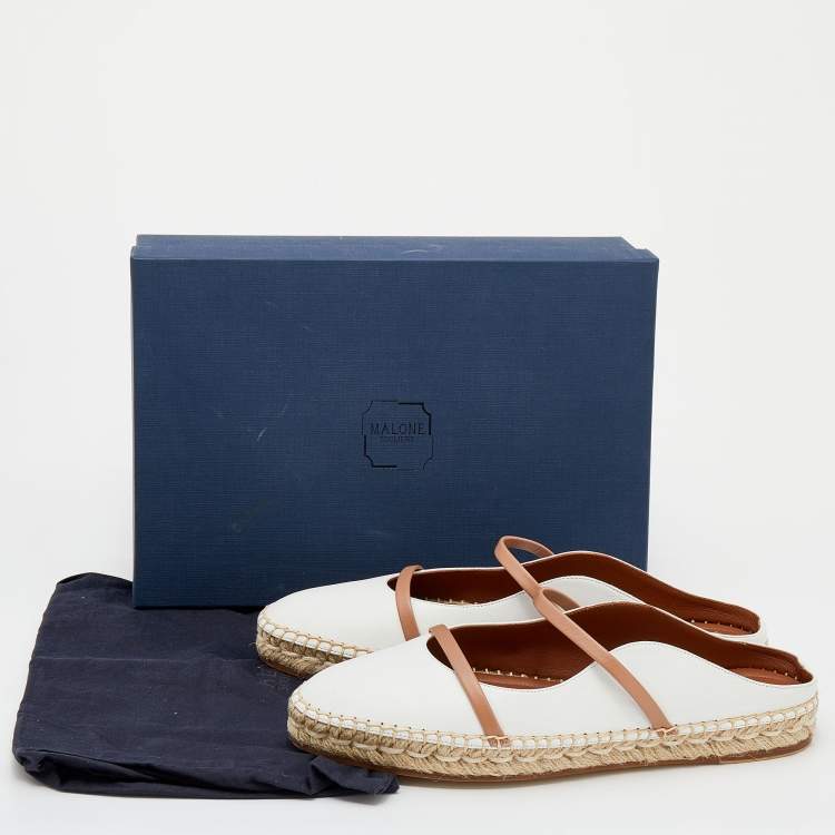 Pre Owned Malone Souliers White/Beige Leather Sienna Flat Espadrille Mules Size 39