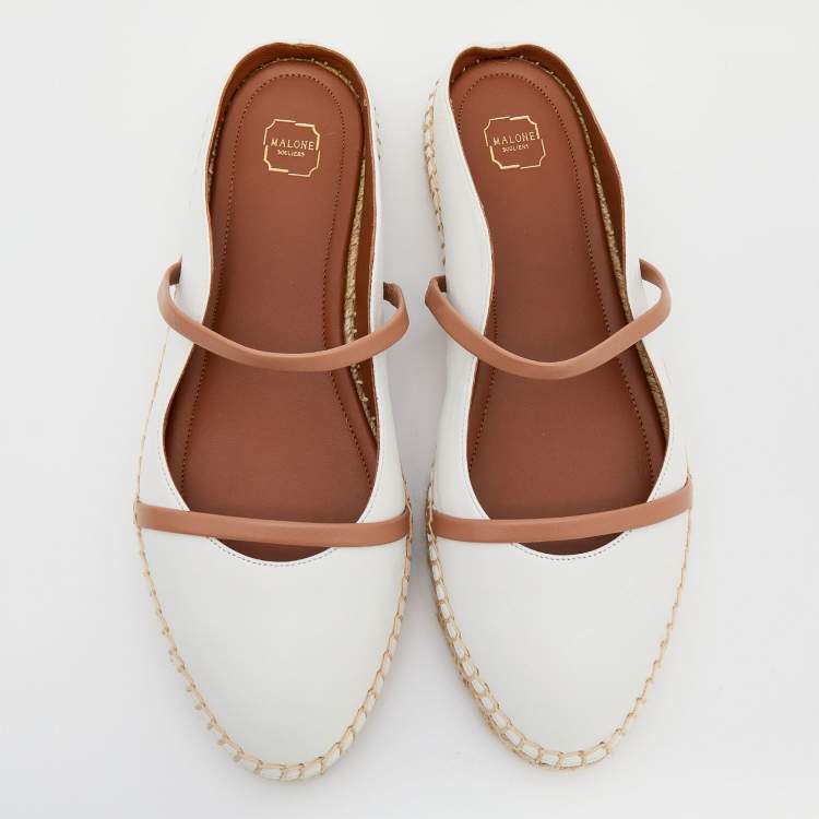 Pre Owned Malone Souliers White/Beige Leather Sienna Flat Espadrille Mules Size 39