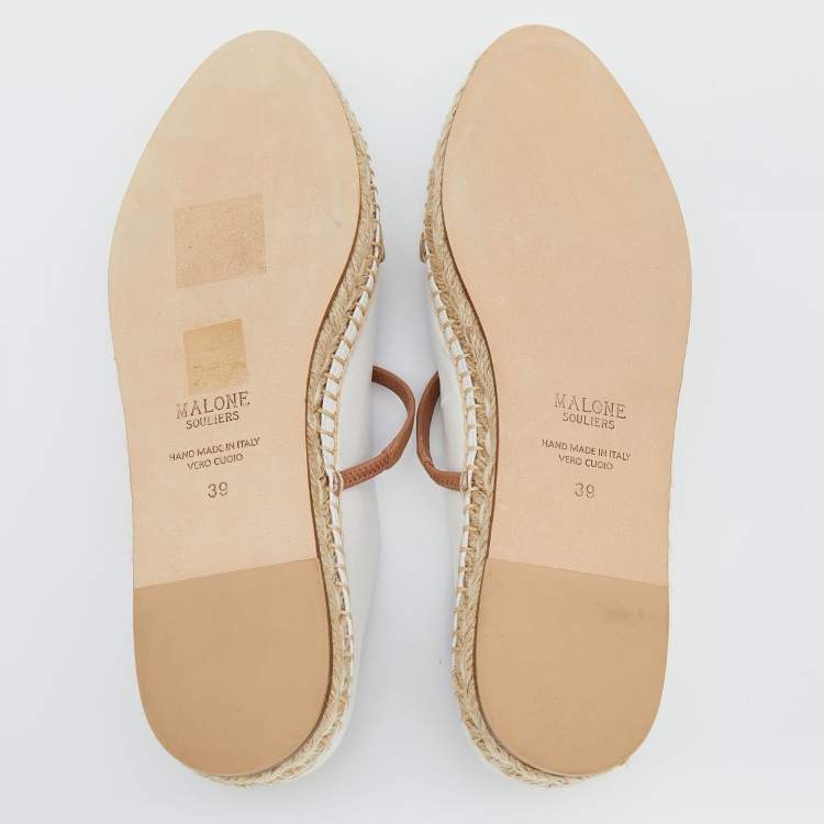 Pre Owned Malone Souliers White/Beige Leather Sienna Flat Espadrille Mules Size 39