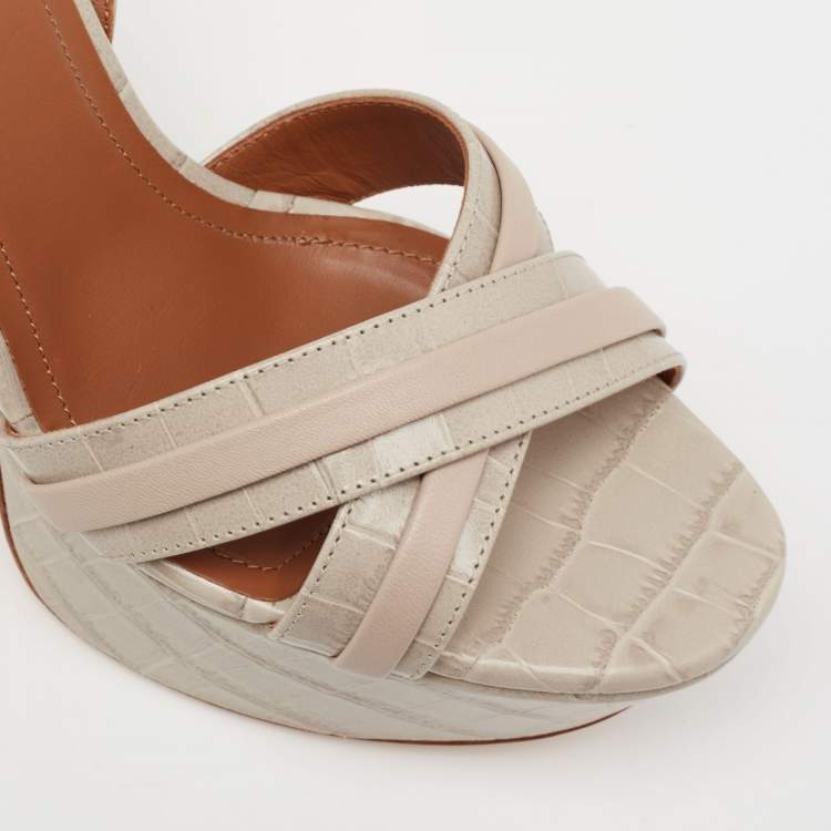 Pre Owned Malone Souliers Grey Croc Embossed Leather And Leather  Mila Ankle Strap Platform Sandals Size 37