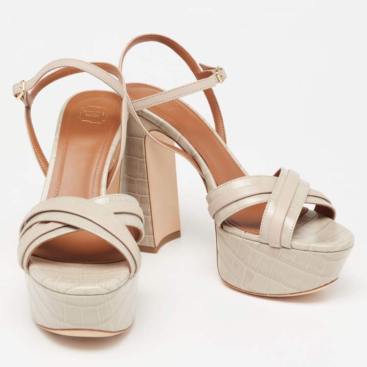 Pre Owned Malone Souliers Grey Croc Embossed Leather And Leather  Mila Ankle Strap Platform Sandals Size 37