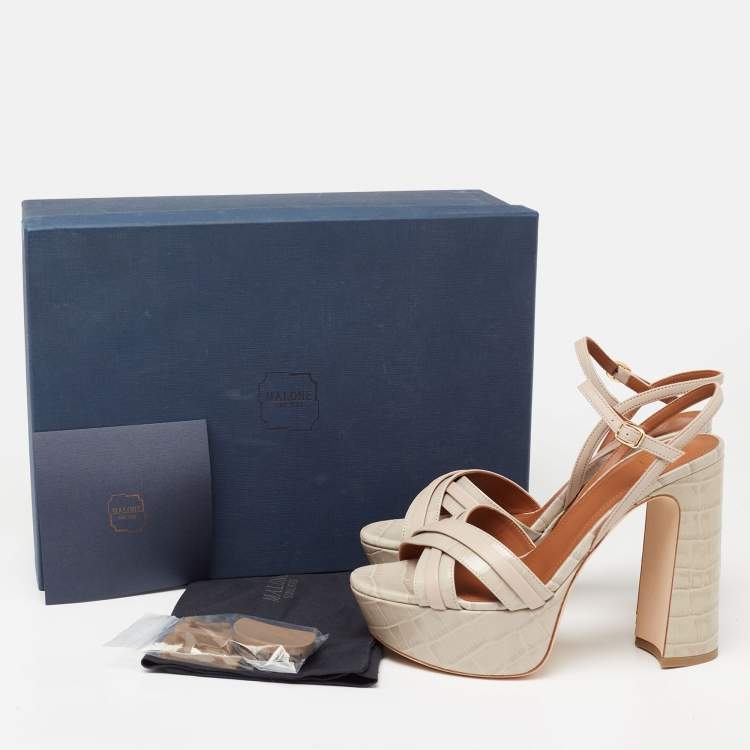 Pre Owned Malone Souliers Grey Croc Embossed Leather And Leather  Mila Ankle Strap Platform Sandals Size 37