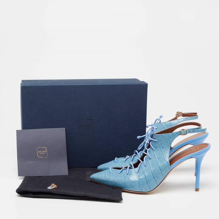 Pre Owned Malone Souliers Blue Croc Embossed Leather Alessandra Sandals Size 40