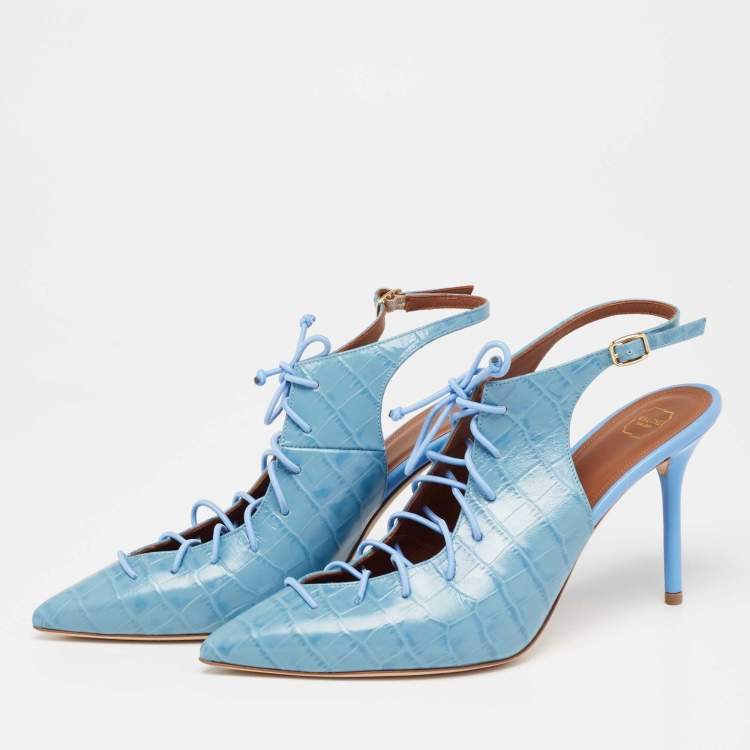 Pre Owned Malone Souliers Blue Croc Embossed Leather Alessandra Sandals Size 40