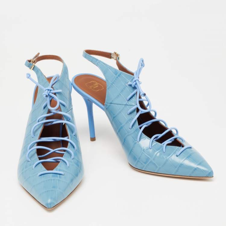 Pre Owned Malone Souliers Blue Croc Embossed Leather Alessandra Sandals Size 40
