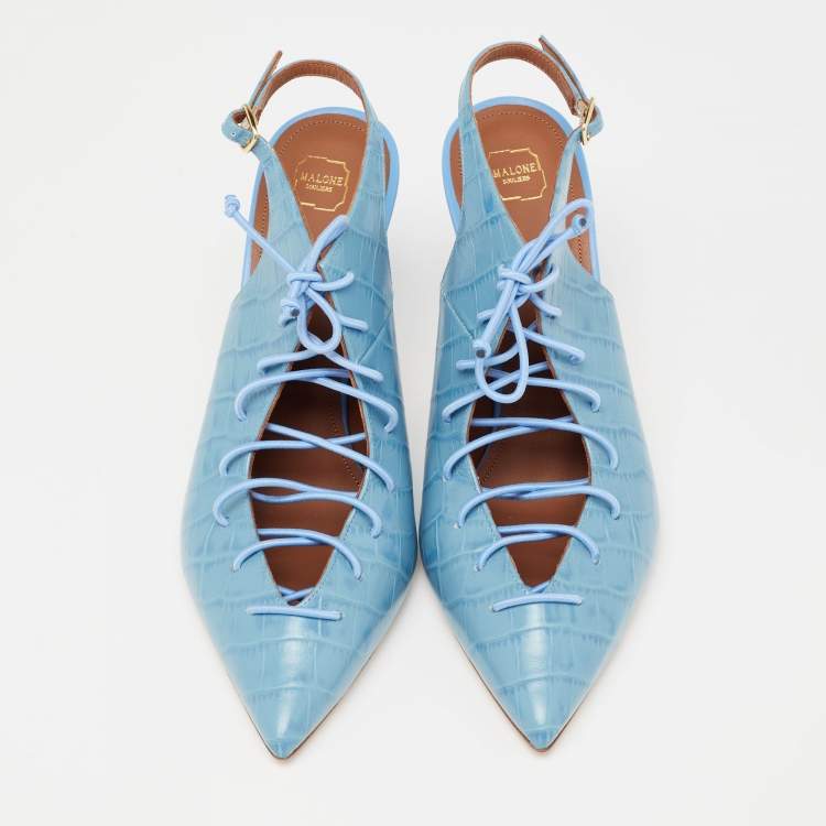 Pre Owned Malone Souliers Blue Croc Embossed Leather Alessandra Sandals Size 40