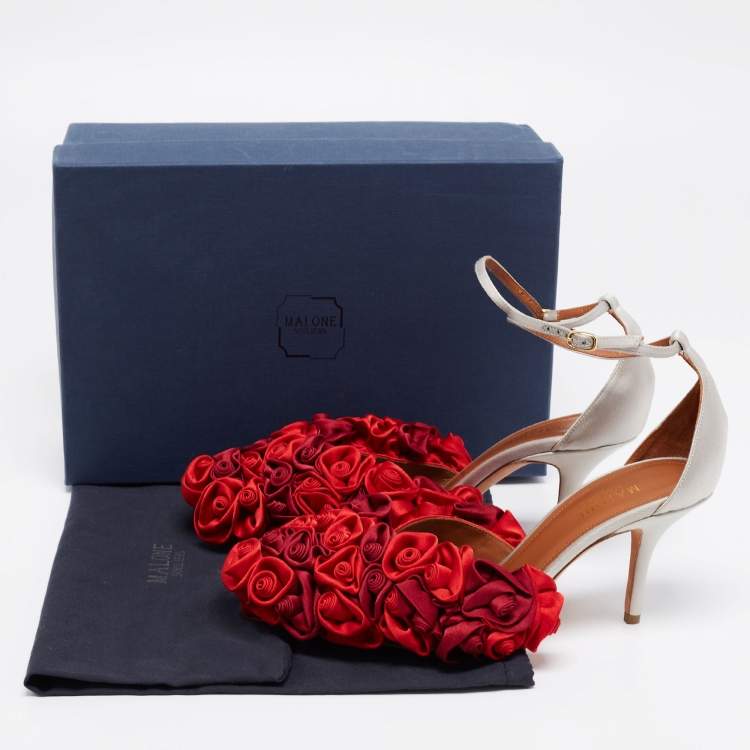 Pre Owned Malone Souliers Red/Grey Satin Floral Embellished Penelope Ankle-Strap D'orsay Pumps Size 38
