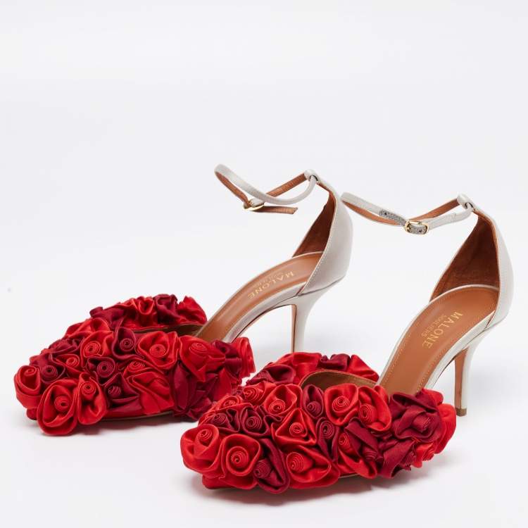 Pre Owned Malone Souliers Red/Grey Satin Floral Embellished Penelope Ankle-Strap D'orsay Pumps Size 38