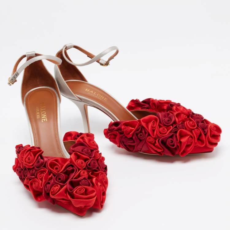 Pre Owned Malone Souliers Red/Grey Satin Floral Embellished Penelope Ankle-Strap D'orsay Pumps Size 38