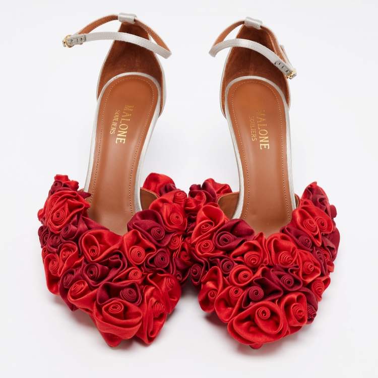 Pre Owned Malone Souliers Red/Grey Satin Floral Embellished Penelope Ankle-Strap D'orsay Pumps Size 38