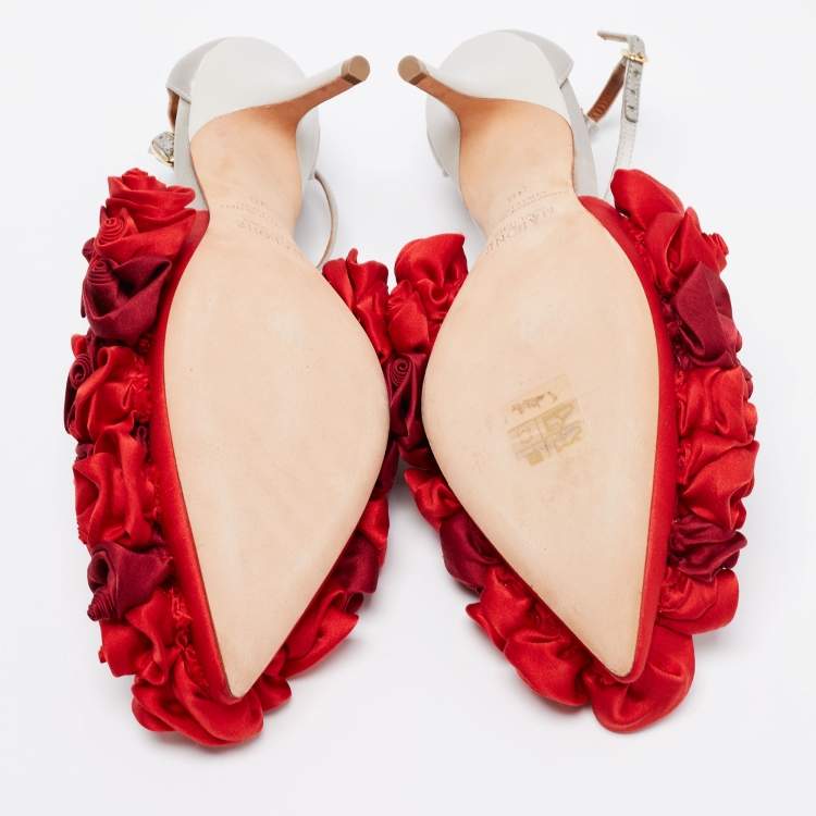 Pre Owned Malone Souliers Red/Grey Satin Floral Embellished Penelope Ankle-Strap D'orsay Pumps Size 38