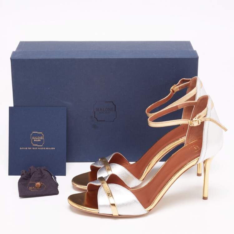 مملوكة مسبقًا Malone Souliers Silver/Gold Leather Honey Ankle-Strap Sandals Size 41
