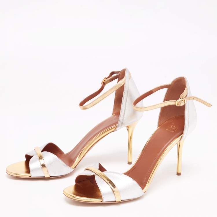 مملوكة مسبقًا Malone Souliers Silver/Gold Leather Honey Ankle-Strap Sandals Size 41