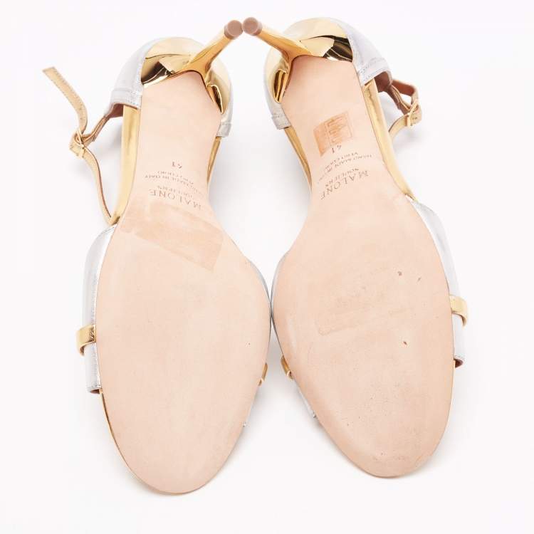 مملوكة مسبقًا Malone Souliers Silver/Gold Leather Honey Ankle-Strap Sandals Size 41