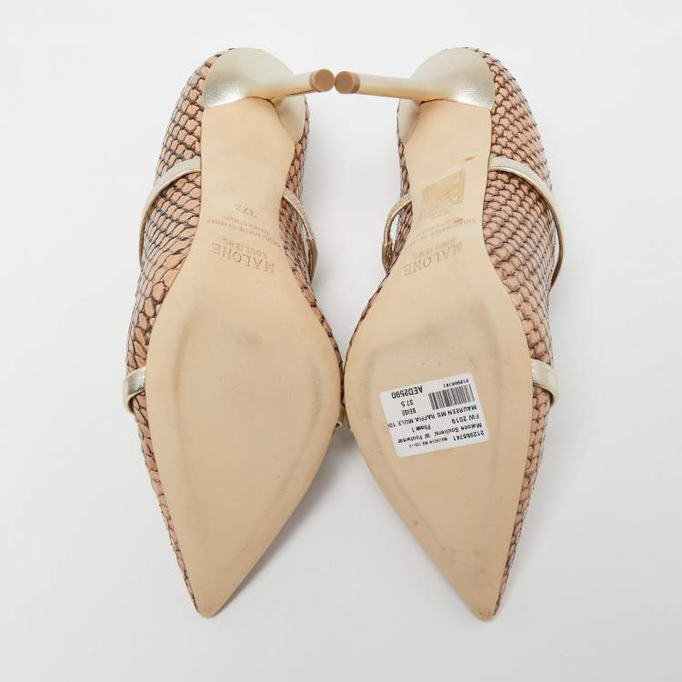 مملوكة مسبقًا Malone Souliers Beige/Gold Snakeskin Leather Maureen Pointed-Toe Mules Size 37.5